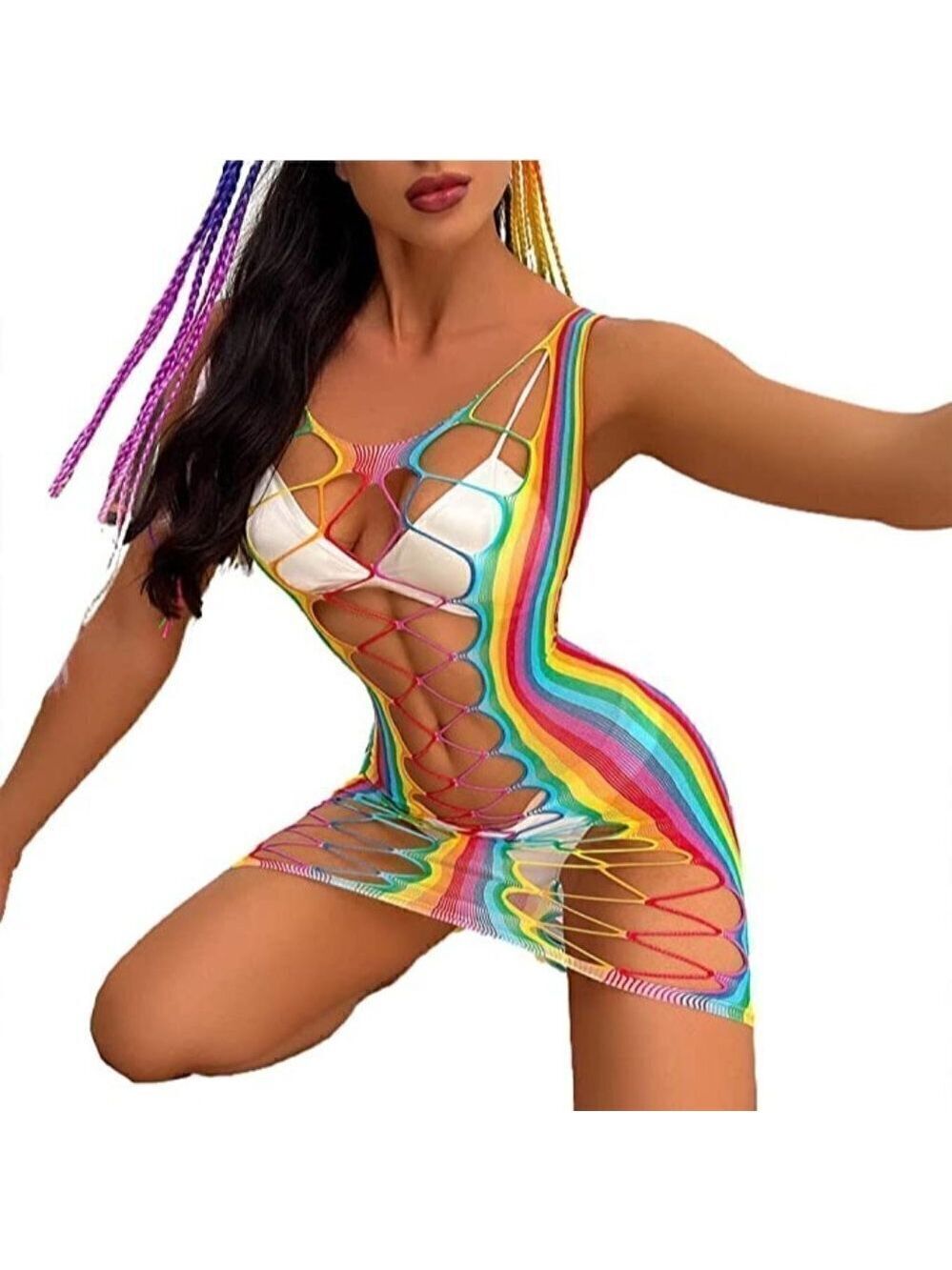 🌈 Rainbow Fishnet Stockings Mesh Lingerie Bodysuit Party Rave Boho Cosplay NWT